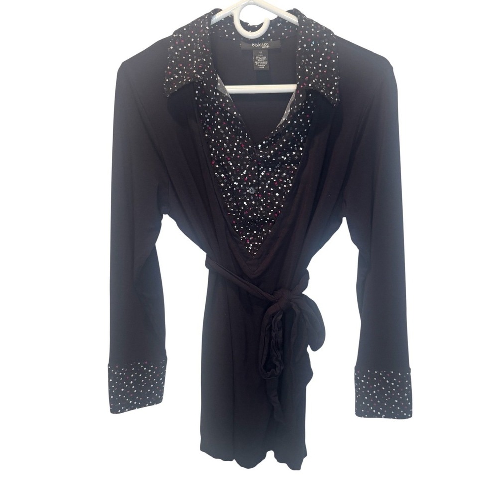 Style & Co Woman Black Polka Dot Layered Look Belted Top Sequin Cuffs 1X